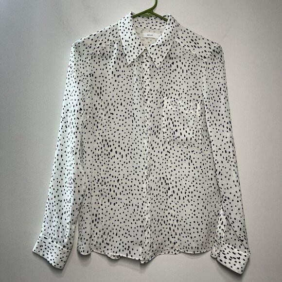 A.L.C.‎ White Dalmation Polka Dot Print Silk Blouse Size 2 - Picture 1 of 8
